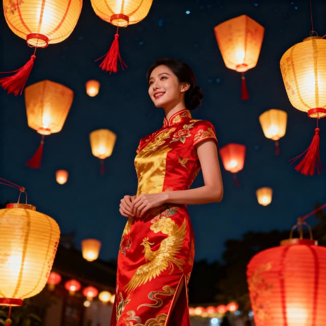 chinese new year celebration photo, person wearing traditional red outfit or qipao, festive decorations with red lanterns and gold ornaments, holding red envelope or lucky charm, joyful celebratory expression, warm festive lighting