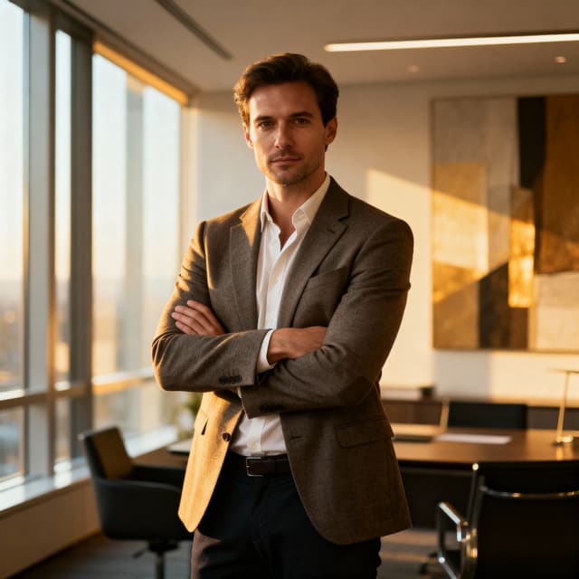 professional entrepreneur photo, person in business casual attire, modern office or co-working space, confident stance with arms crossed or thoughtful pose, determined focused expression, natural window lighting