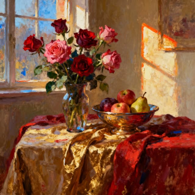 Traditional oil painting with rich, textured brushstrokes, vibrant colors with depth and luminosity, classical composition with careful attention to light and shadow, museum-quality artistic style with visible paint layers and expressive techniques