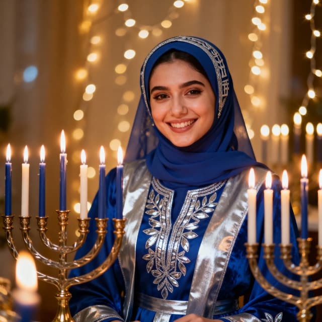 hanukkah celebration photo, person lighting menorah candles, festive decorations with blue and white colors, dreidels and gelt nearby, warm joyful expression, soft candlelight glow