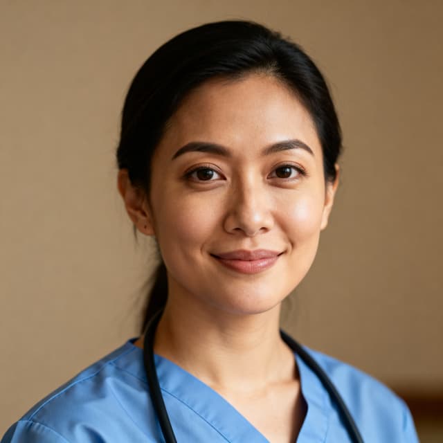 Professional nurse headshot with caring expression in medical scrubs