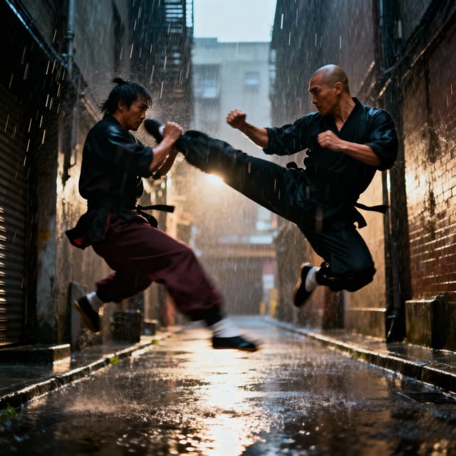 Two martial artists locked mid-air in a dramatic kick exchange in a rain-soaked alley, cinematic lighting, motion blur, high contrast
