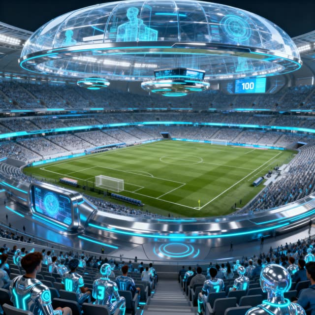 Modern football stadium with retractable roof, dramatic lighting, and sweeping architectural lines at sunset