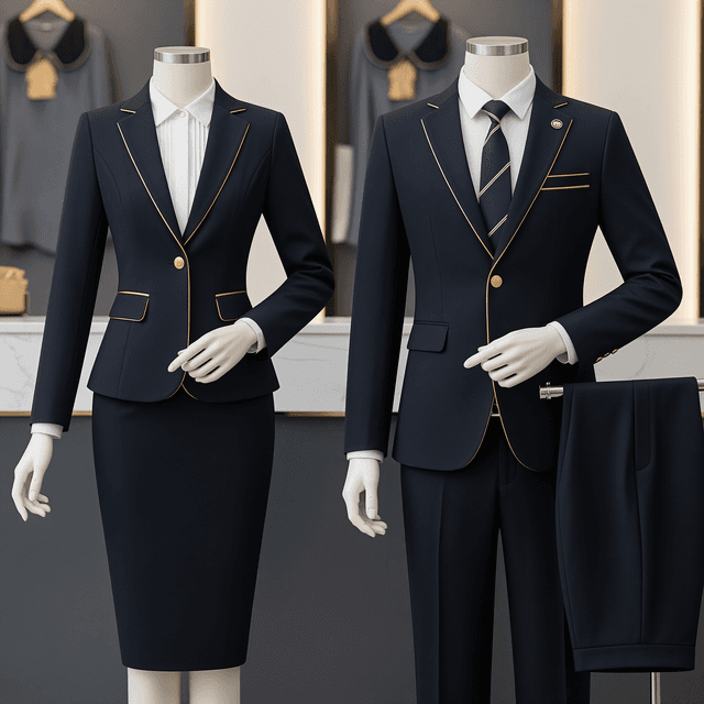 Professional modern corporate uniform with tailored blazer, crisp shirt, and subtle branding elements, displayed on a model in a clean office environment