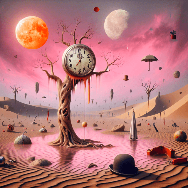 A surrealist landscape in Dali style with melting clocks and dreamlike elements