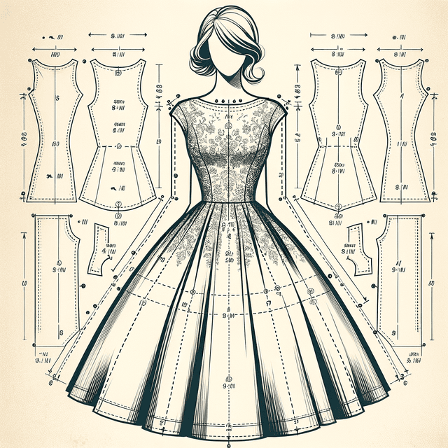 Technical sewing pattern with precise measurements and construction lines, dressmaker template with pattern pieces and assembly instructions, professional fashion pattern layout suitable for garment manufacturing and DIY sewing projects