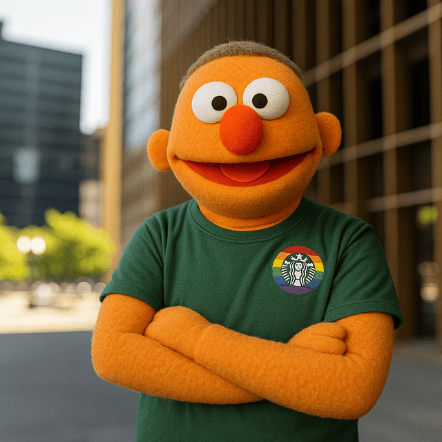 Cheerful green Muppet character with big eyes and fluffy orange hair
