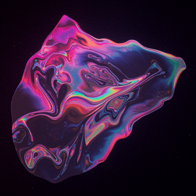 Holographic abstract design with iridescent rainbow colors and reflective textures on dark background